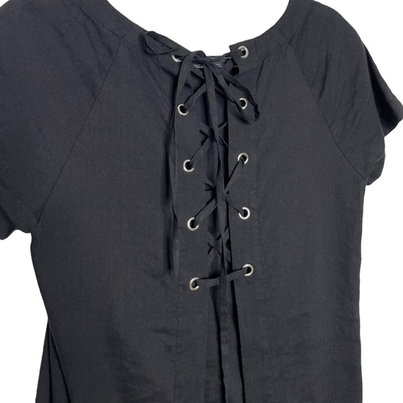 Theory | Linen Lace Back Short Sleeve Mini Dress in Black 4 - Picture 3 of 7